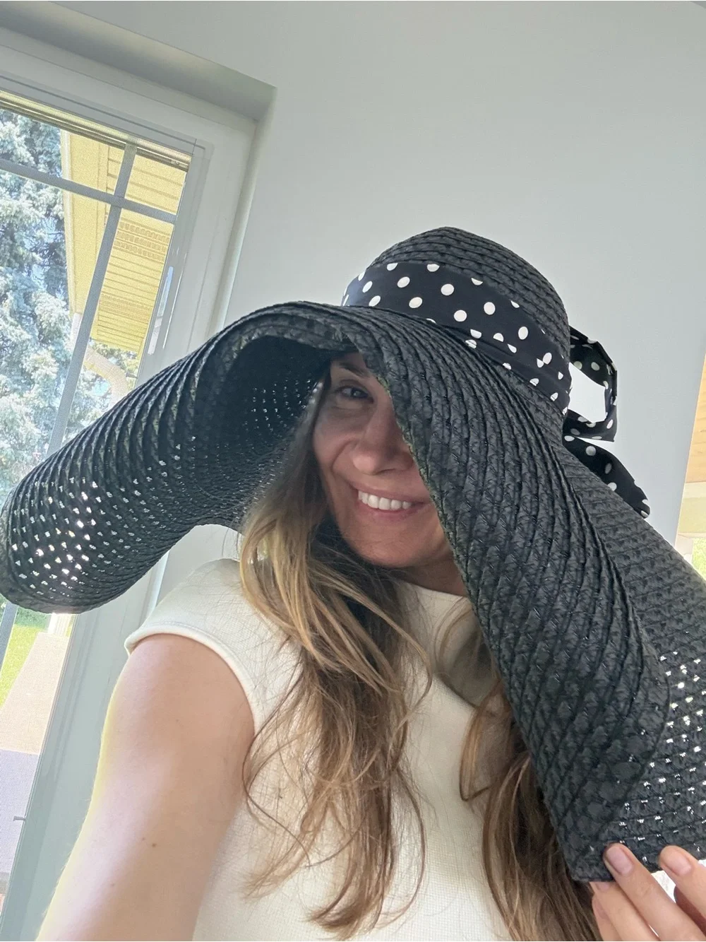 Black Wide-Brim Straw Hat with Polka Dot Bow